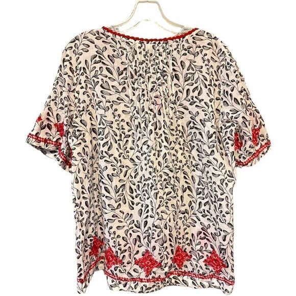 J. Jill XL White Black Red Floral Embroidered Short Sleeve Tasseled Blouse - Picture 6 of 10
